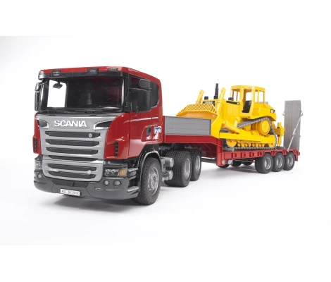 Bruder Camión SCANIA Serie R Con Plataforma Baja y Bulldozer CAT