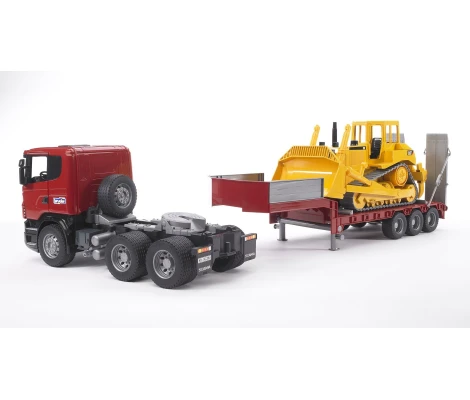 Bruder Camión SCANIA Serie R Con Plataforma Baja y Bulldozer CAT