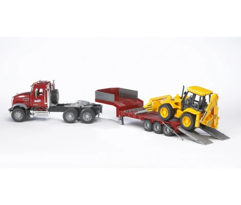 Bruder Camión MACK Granite Con Plataforma Baja y JCB 4CX