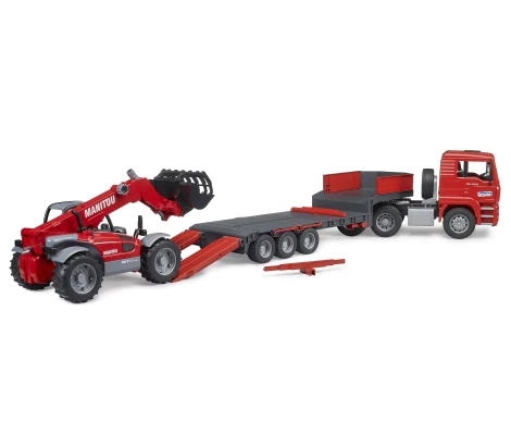 Bruder Camión TGA De MAN Con Semirremolque De Plataforma Baja y Manipulador Telescópico Manitou